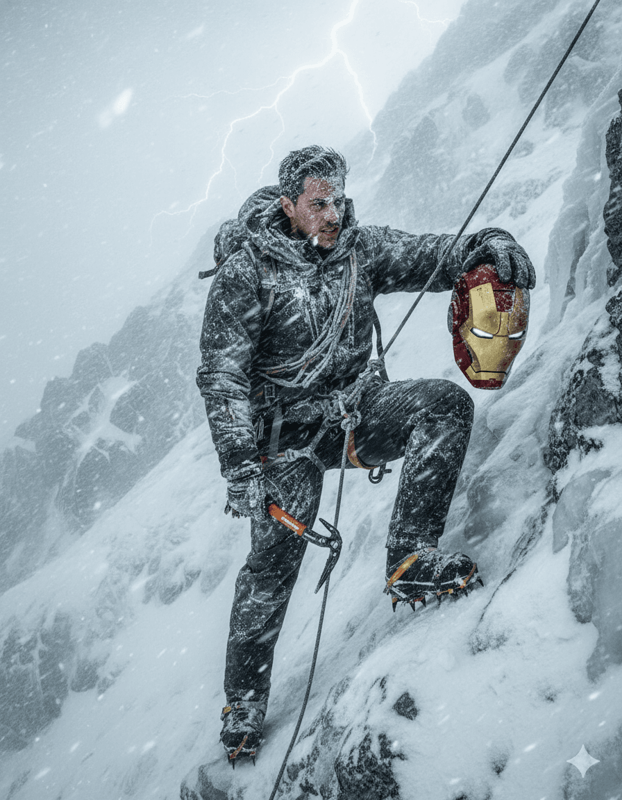 AI generated: 
make a image of that man climbing a high and snowy moutain, the weather is really bad and she has ...