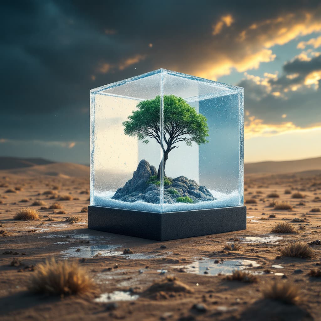 AI generated: snow globe shaped like a cube , on the desert floor, there is a monsoon inside