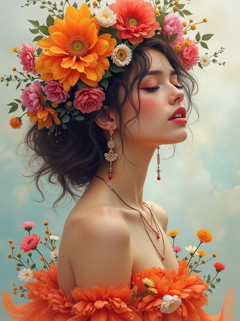 AI generated: commercial illustration of a woman dressed in flowers with flowers in her hair, in the style of artg...