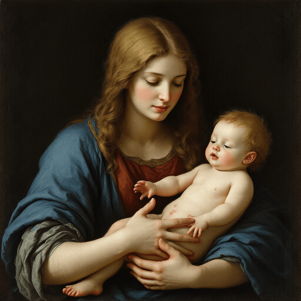 AI generated: Mary is holding Jesus in her arms in the style of Hans Memeling.
