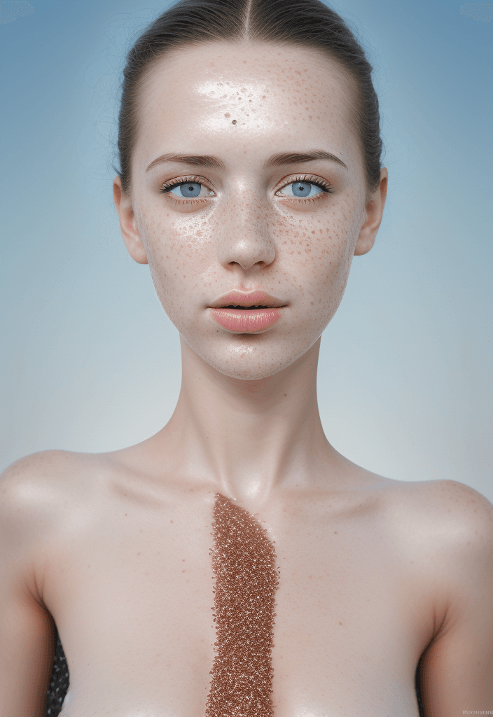 AI generated: a woman with freckled skin is photographing her face, in the style of dmitry kustanovich, delicate m...