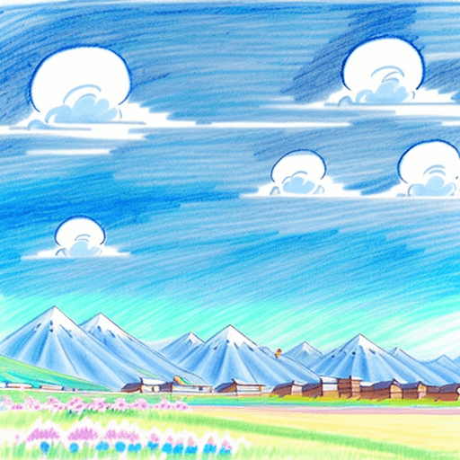 AI generated: Kazakhs celebrate Nauryz. Blue sky. Springtime. Studio Ghibli style drawing. 