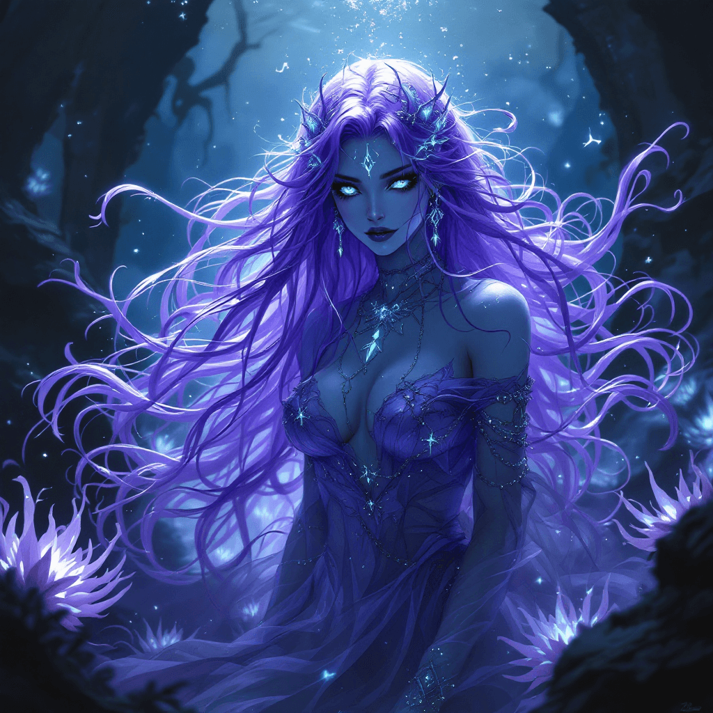 AI generated: 25. The Spectral Siren Queen: A captivating and haunting figure with long, flowing, violet hair that...