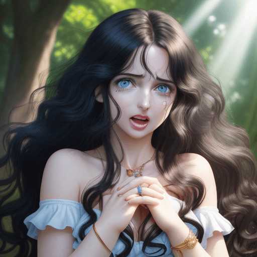 AI generated: Adult girl, piggy nose, on her knees, open mouth, jewellery, long curly hair, ring, half-turned, tea...