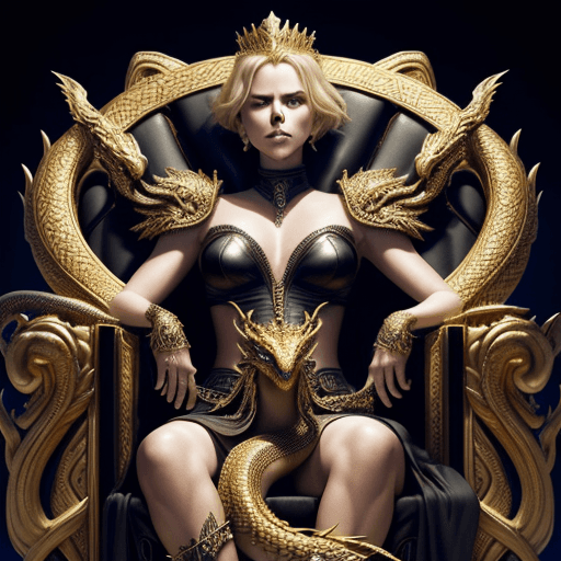 AI generated: A very beautiful queen (18 year old Charlize Theron) sitting on a black throne made of gold, with a ...