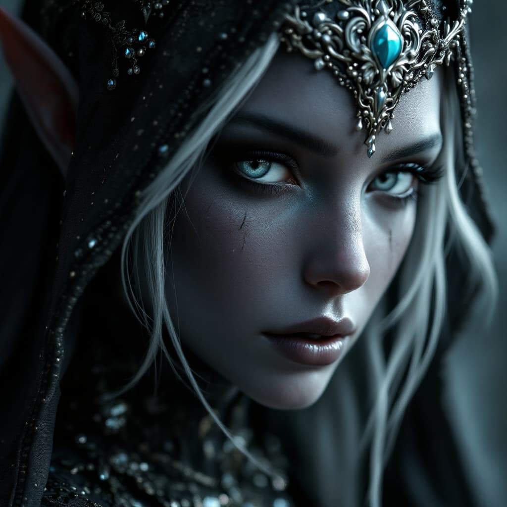 AI generated: photorealistic close-up portrait drow elf. sultry warrior, magic aura!!!, onyx skin, beautiful face,...