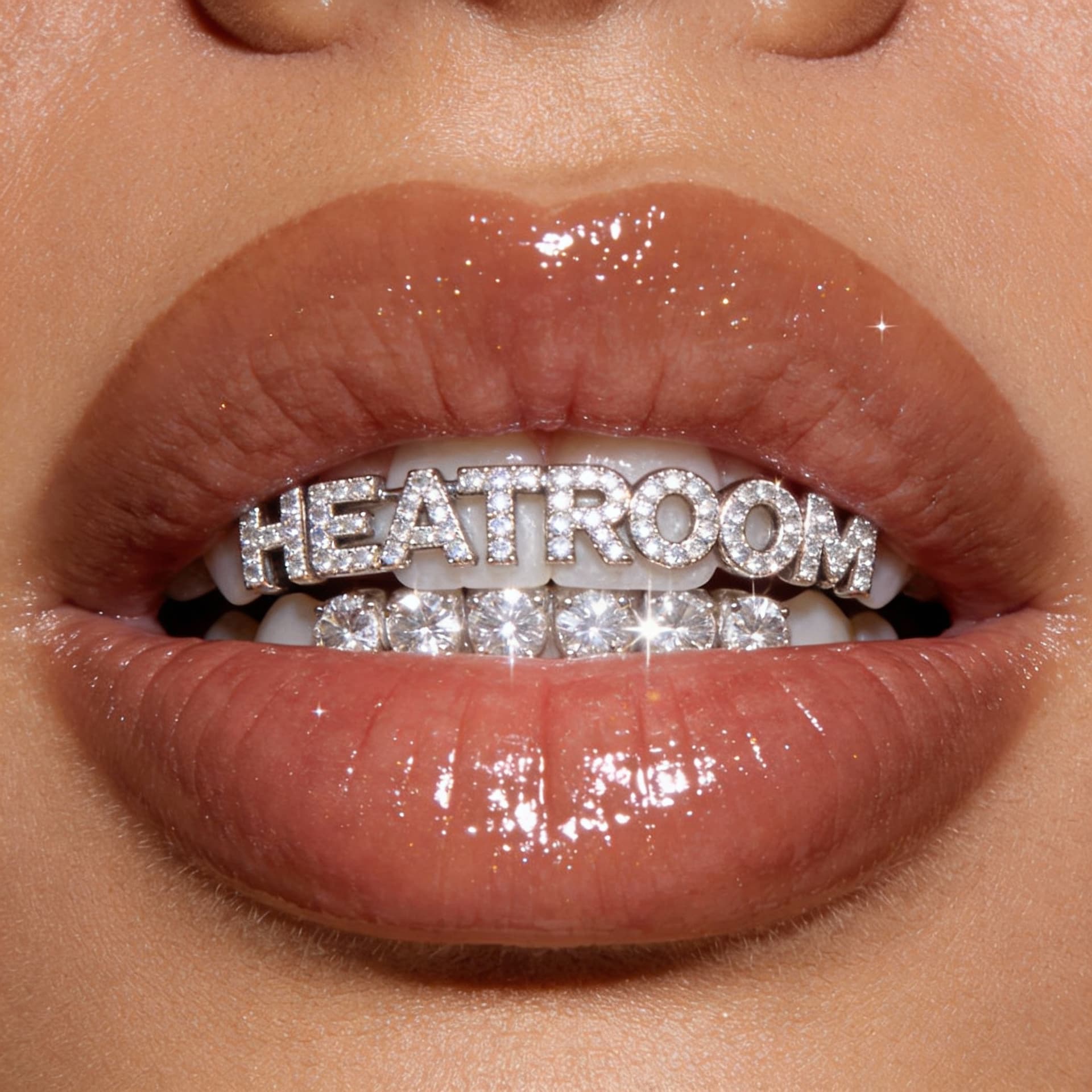 AI generated: Extreme close-up of a woman’s mouth only, no face visible. Full, thick lips with a glossy finish, li...
