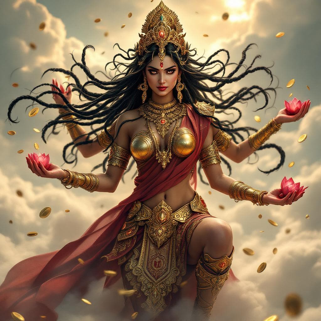 AI generated: an ultra-realistic, full-body portrait of a captivating Devi lakshmi with 4 hands each carrying lotu...