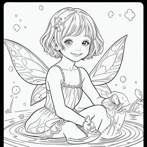AI generated: Fairy coloring page, a little fairy girl, with smiling eyes, sweet smile, short hair, playing in the...
