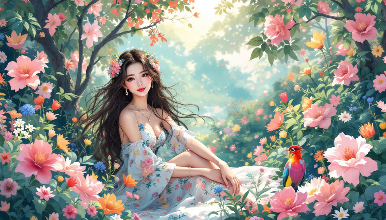 AI generated: A stunning anime-inspired illustration of a young woman exuding grace and elegance, seated amidst a ...