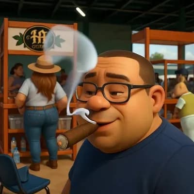 AI generated video: animado que se vea el humo salir del cigarro, que crucen patos, gallinas y ratones pequeños por el s...