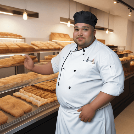 AI generated: High resolution photography interior design, bright ethnic bakery, pretty black overweight chef