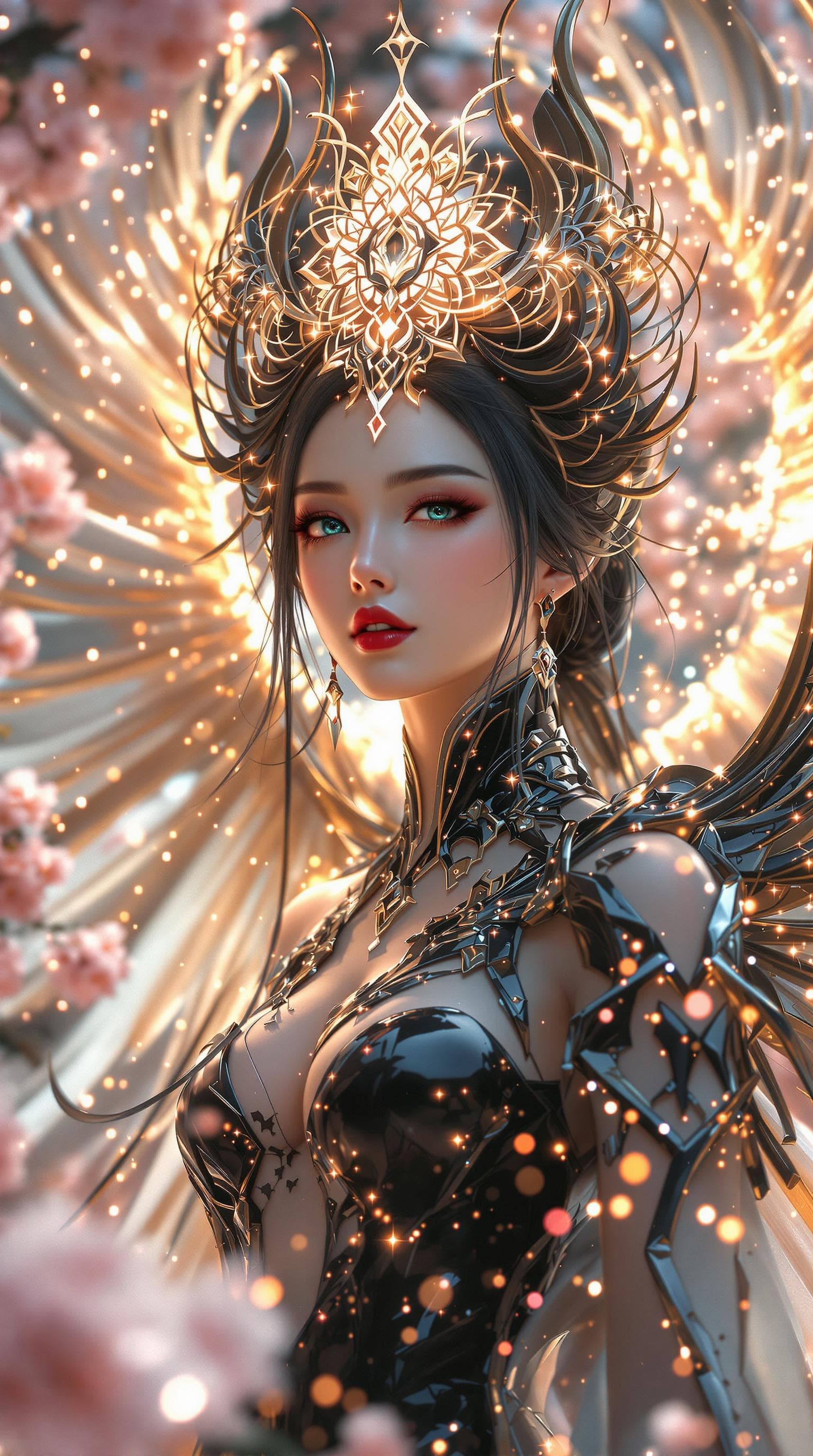 AI generated:  futuristic archangel character with a beautiful, delicate Japanese face, geisha-inspired features, ...