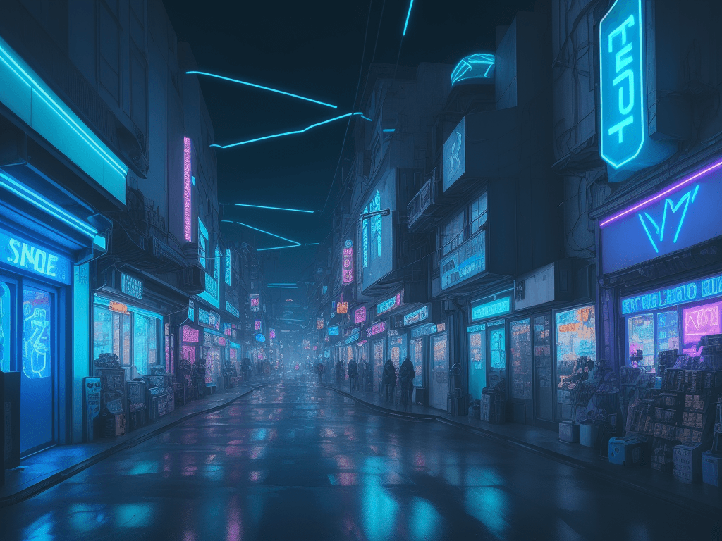 AI generated: a futuristic cyberpunk street with blue neon light and electric line go over the street and every sh...