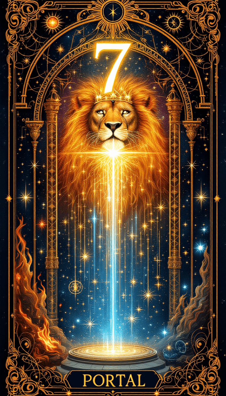 AI generated: /imagine prompt: A tarot card named "Seven's Portal," showcasing a gateway to the cosmos, guarded by...