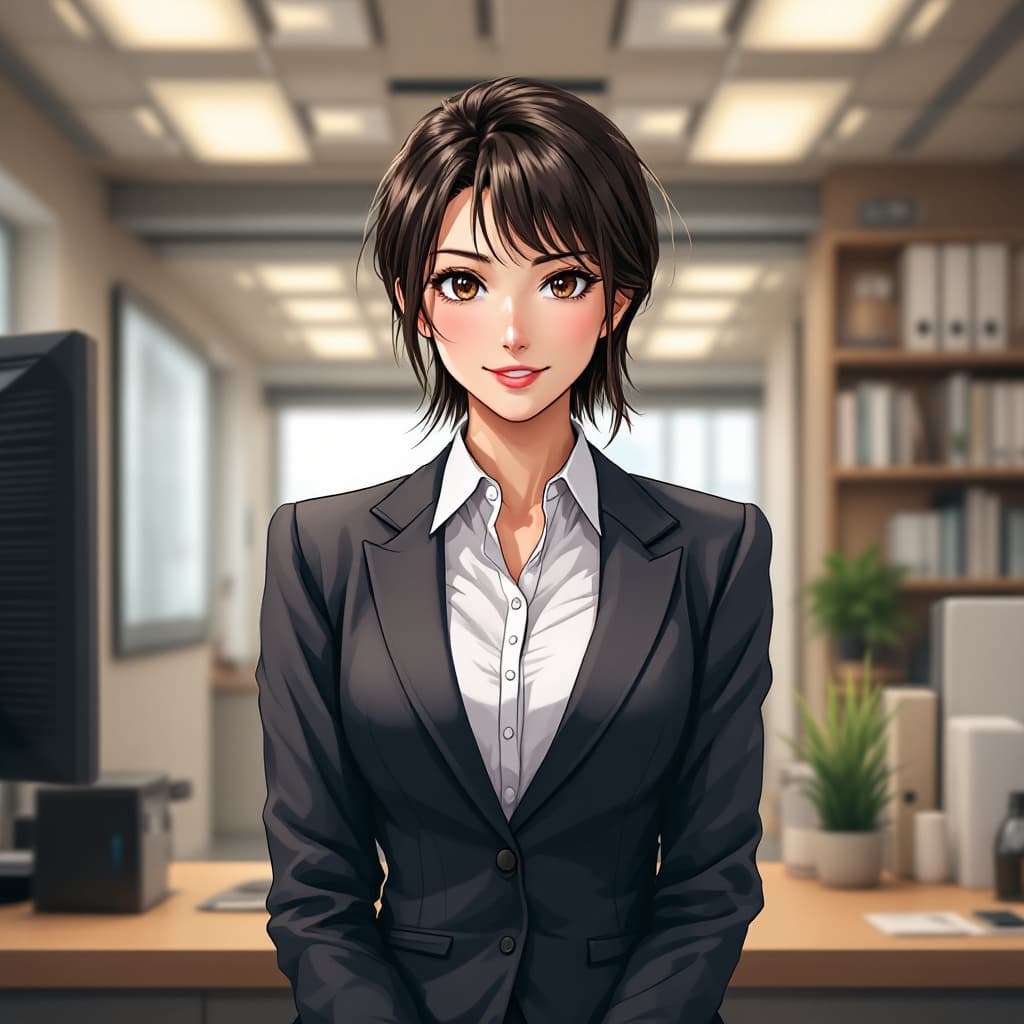 AI generated: Japanese anime style, a Japanese women,Office lady ,smug,triumphant expression　　