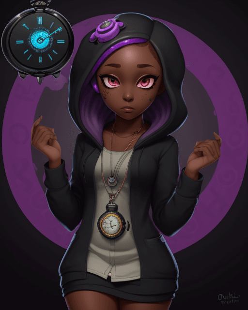 AI generated: mind controlled, hypnotized by pocket watch, octoling goddess, splatoon, dark skin