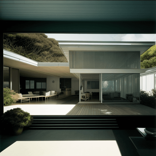 AI generated: Hyper realistic eye level exterior photo of a mid century modern style house overlooking the ocean, ...
