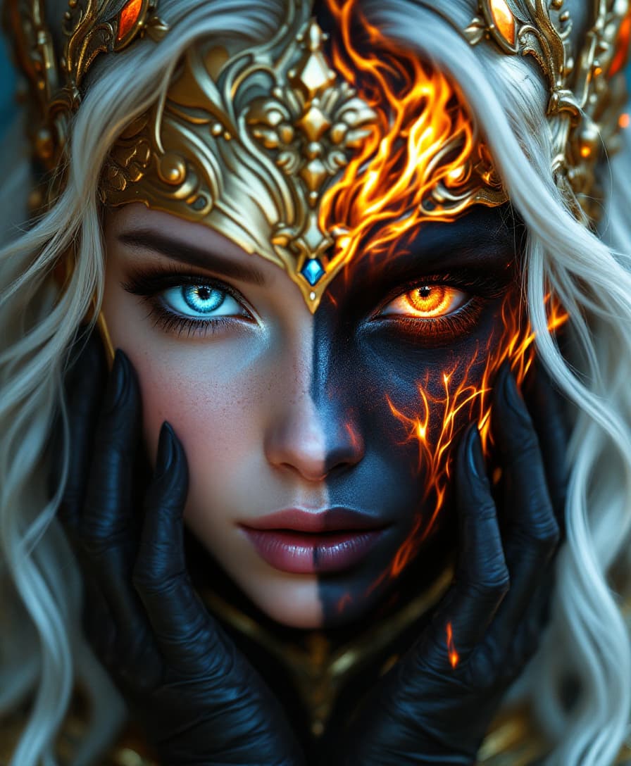 AI generated: A close-up portrait of a mystical figure with a dual persona. One side of their face is adorned with...