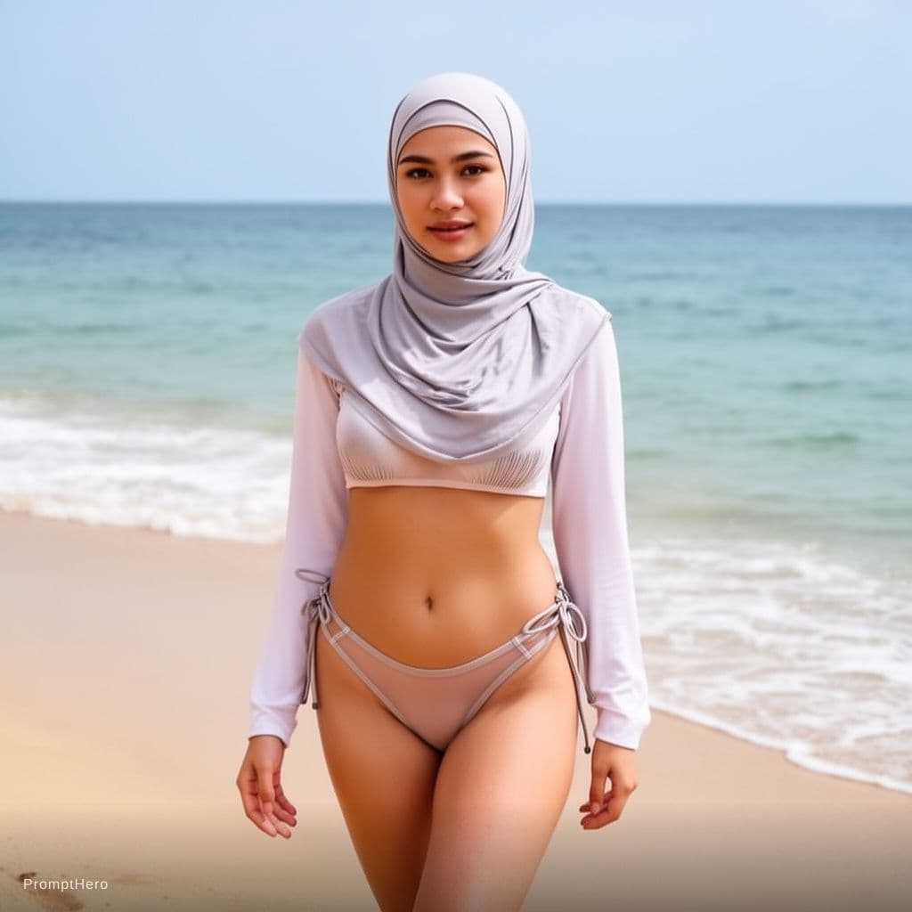 AI generated: Woman with hijab wearing bikini very short and transparent