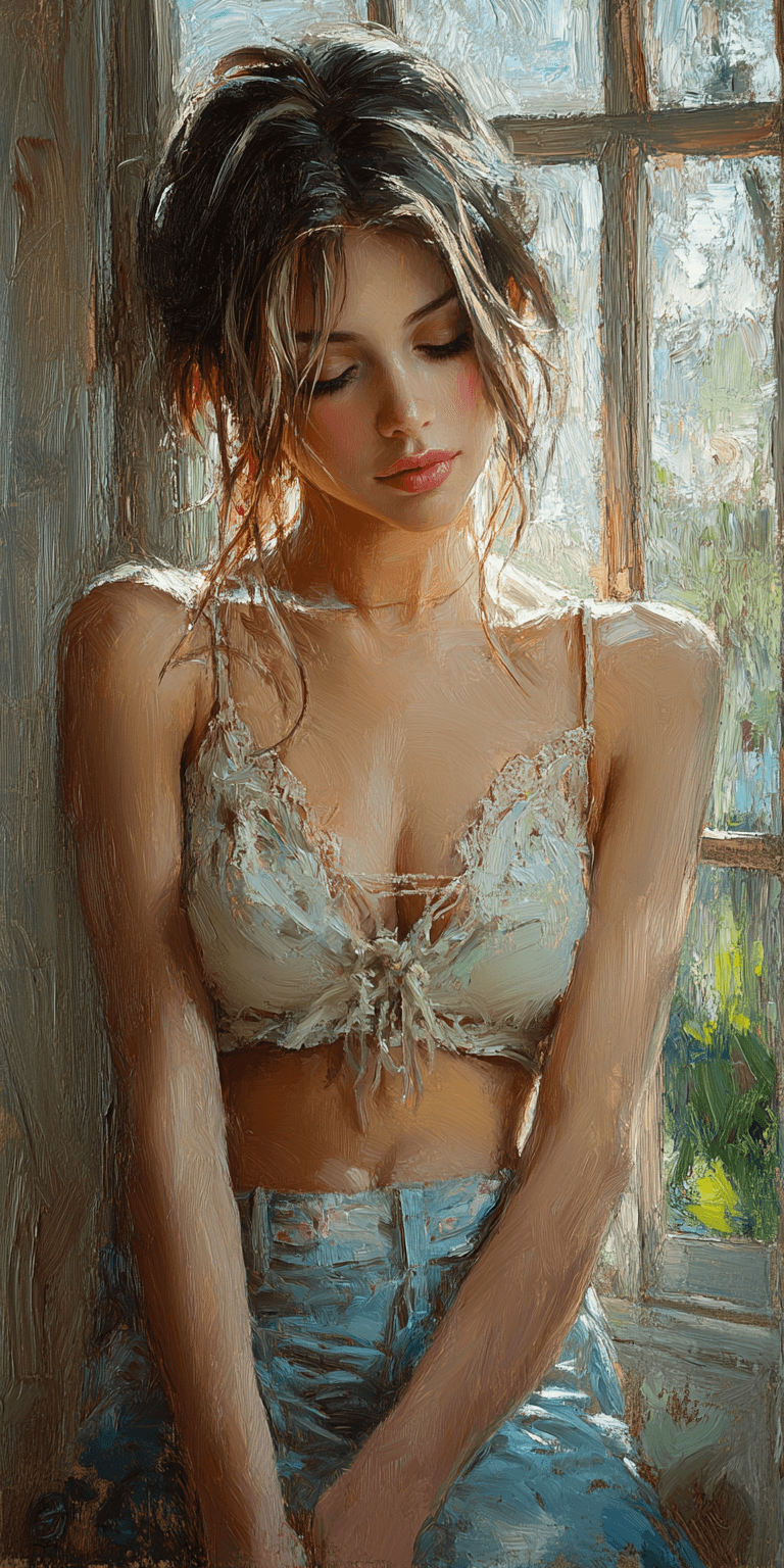AI generated: a painting of a woman sitting near a window, in the style of beautiful women, playfully intricate, h...