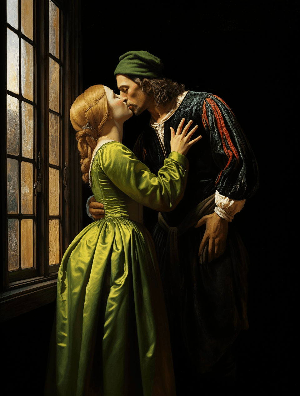 AI generated: a man kissing a woman with a curtain, in the style of dutch realism, lightbox, dark yellow and light...