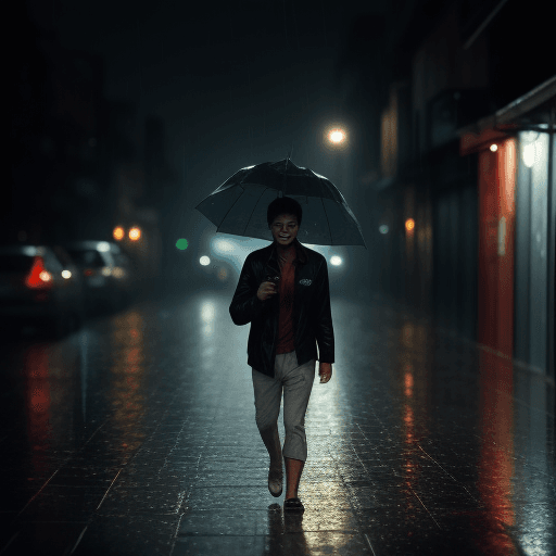 AI generated: 28 years old male walking on the raining street in deep night, smile on his face but he had a blood ...