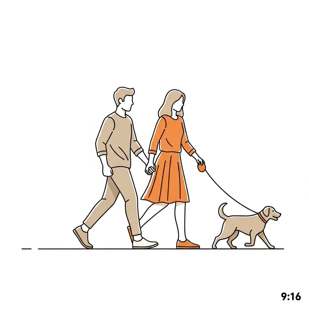 AI generated: clean vector, illustration, line art, couple walking their dog, simple outline, monochrome and duo t...