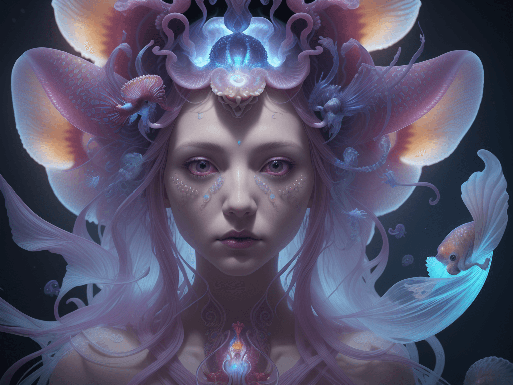 AI generated: Goddess close-up portrait ribcagel. jellyfish phoenix head, nautilus, orchid, skull, betta fish, bio...
