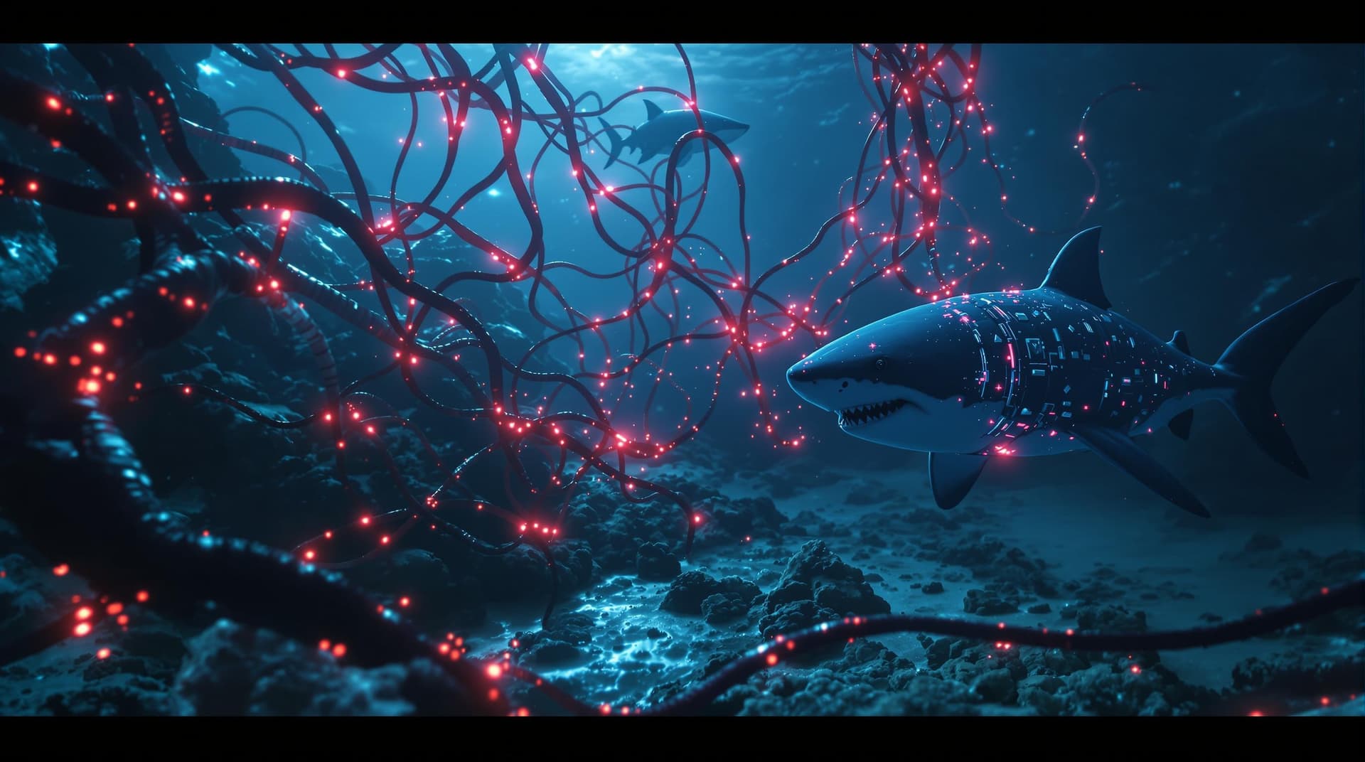 AI generated: Digital virus infecting global internet cables under the ocean, glowing red tendrils, sharks with cy...