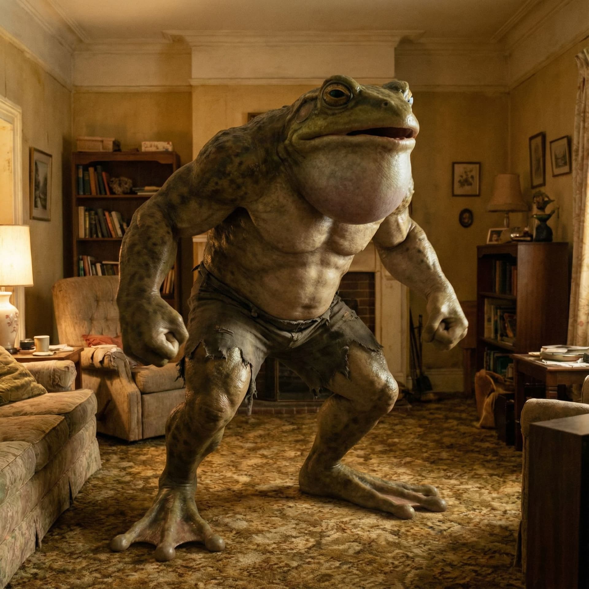 AI generated: man transform into a anthro buff frog with big feet, muscles, longest penis, gigantic balls (make it...