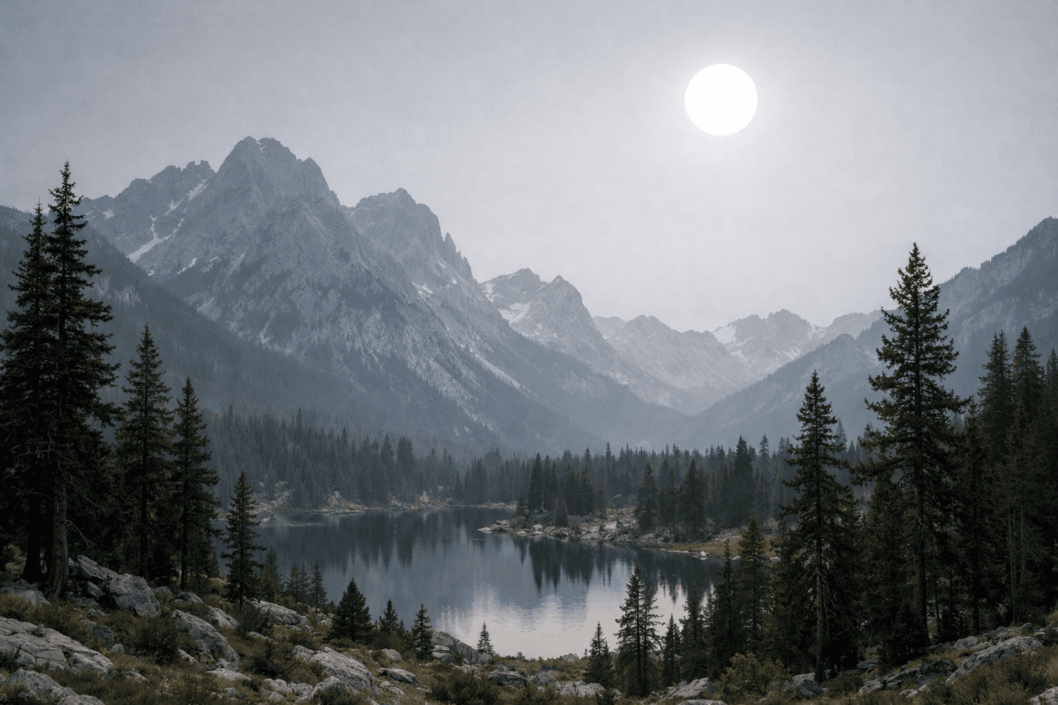 AI generated: a scenic landscape with tall mountains and trees but the sky has a more grey color  with no clouds a...