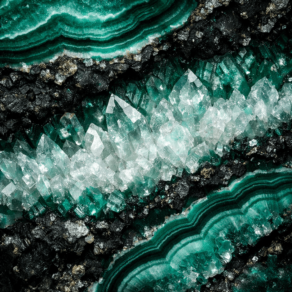 AI generated: Deep emerald agate with dark matrix and translucent crystal textures
