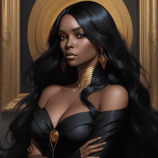 AI generated: a black woman with long black hair in a gold painting, in the style of charlie bowater, dark blue an...