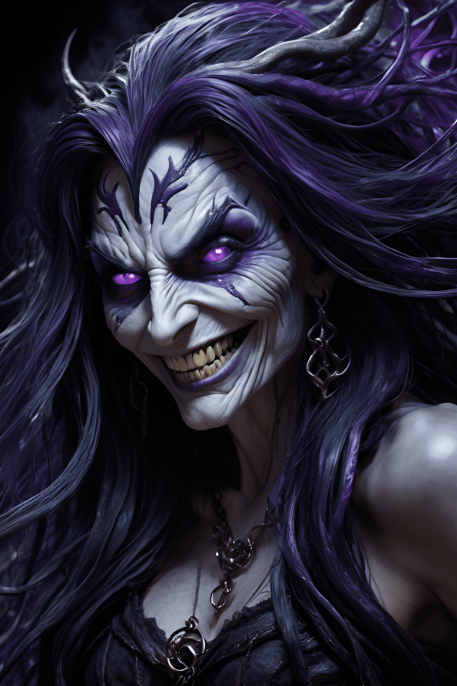 AI generated: portrait of an evil witch with glowing purple eyes