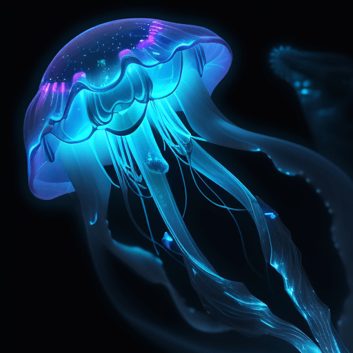 AI generated: high quality closeup of a bioluminescent neon psionic crystal sapphire blue glowing jellyfish ! unde...