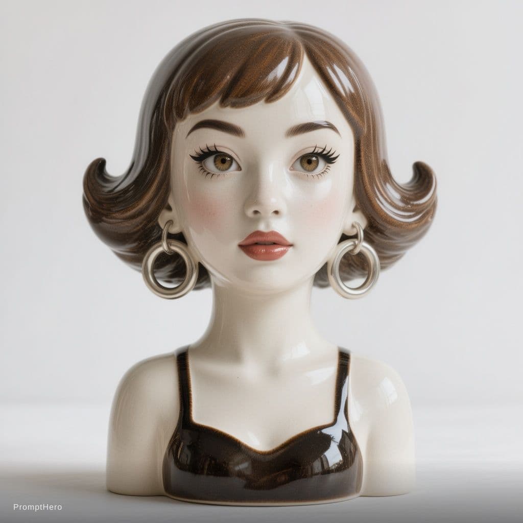 AI generated: 陶瓷材质的女孩半身花瓶，带有浓厚的摩登复古气息。造型上突出了复古的翻翘短发和夸张的圆环耳环。，反射着细腻的光泽。背景为纯白色，突出陶瓷的纯净