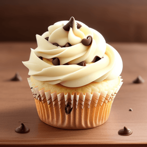 AI generated: a vanilla cupcake on a   have lot of chocolate chip on top of it, wooden table