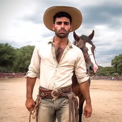 AI generated video: A Mexican cowboy walks toward the camera and smiles, He is fit, abs, hairy chested, he walks with co...