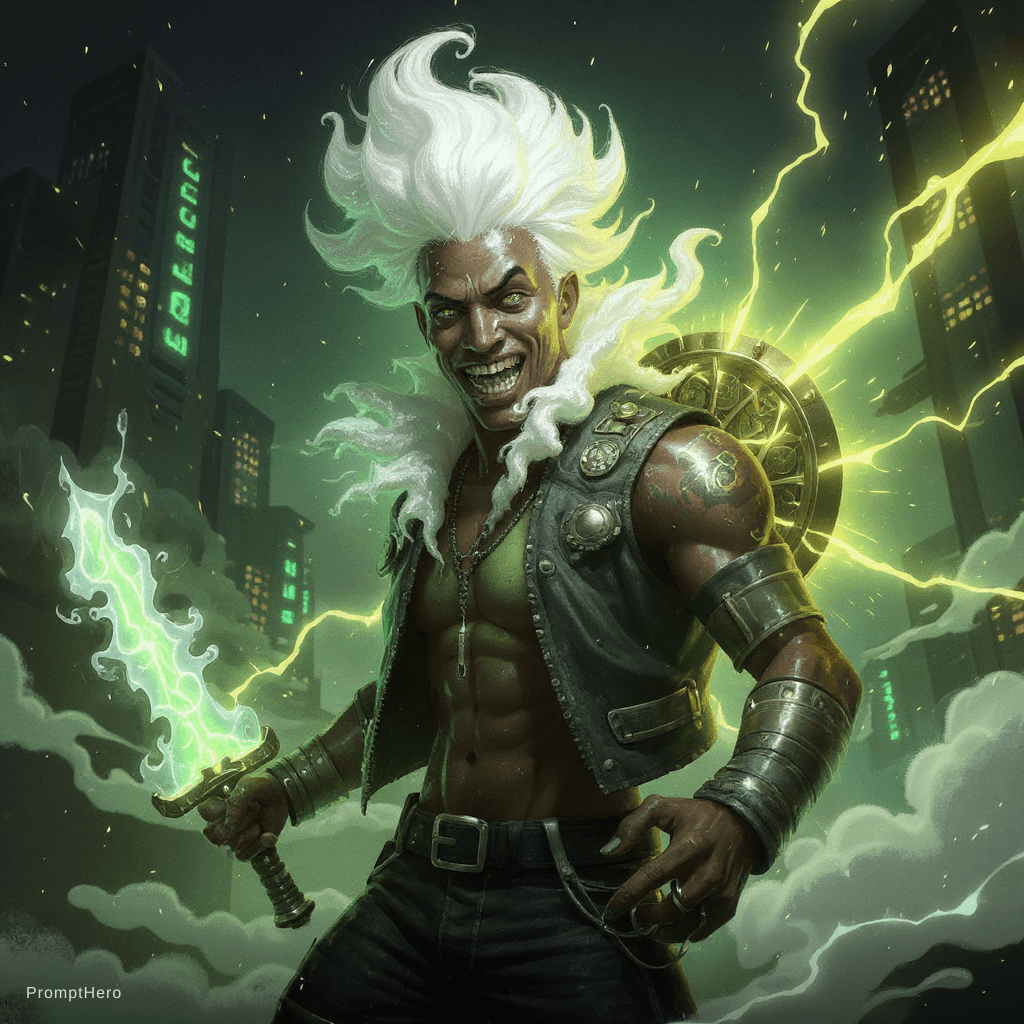 AI generated: Concept: A fusion of Ekko (LoL) and Sun God Nika (Gear 5). An ethereal youth with glowing white clou...