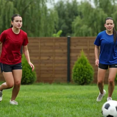 AI generated video: две девушки играют футбол летом во дворе под дождем 
