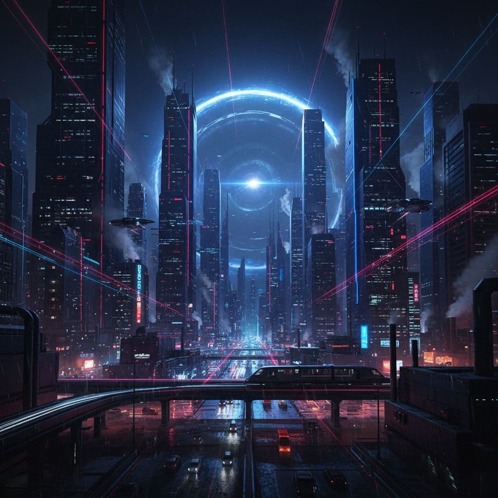 AI generated: GIVE ME A BACKGROUND FOR A ICONIC SUPERHERO POSTER WITHOUT THE HERO, DARK MOODY BACKGROUND, FUTURIST...