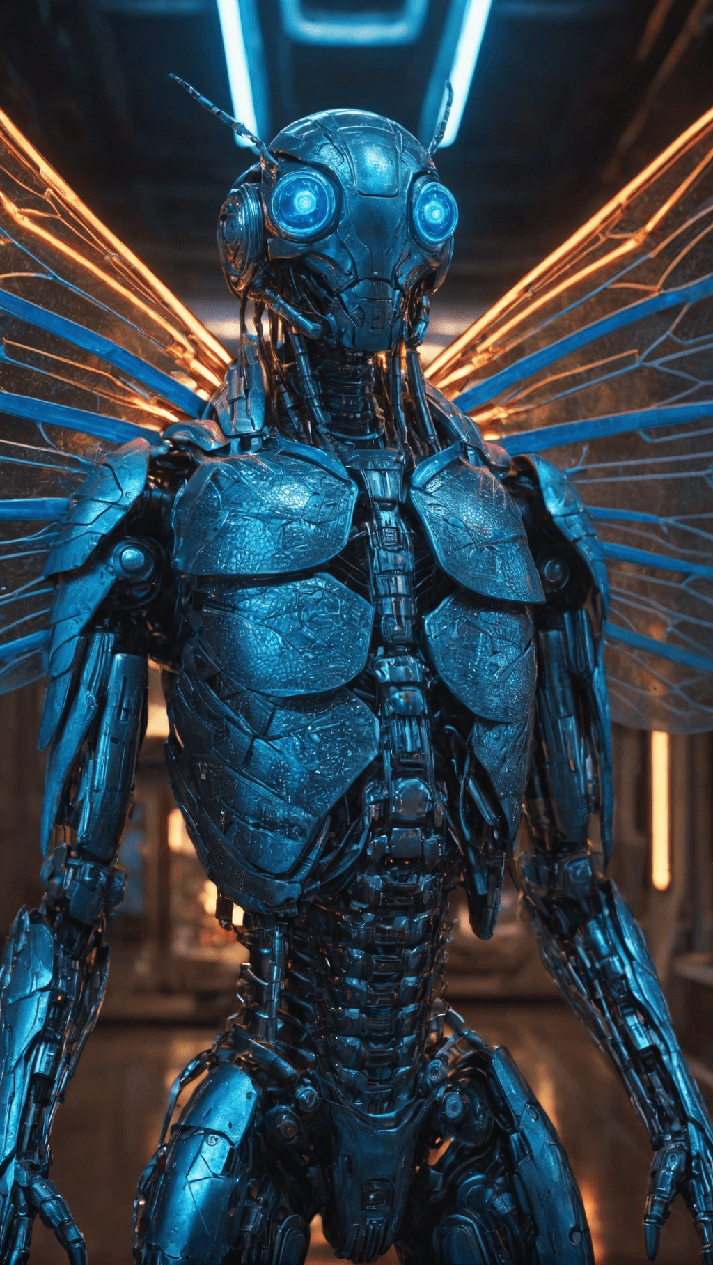 AI generated: Ultra-detailed cyborg in a spaceship (blue eyes), with anthropomorphic cybernetic elements on metal ...