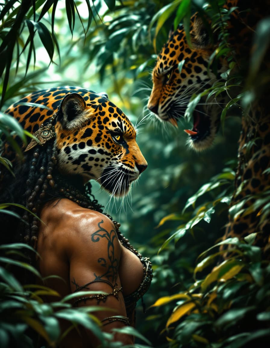 AI generated: (side view, picture) In a lush, overgrown jungle, a fierce (angry expression) and agile warrior-quee...
