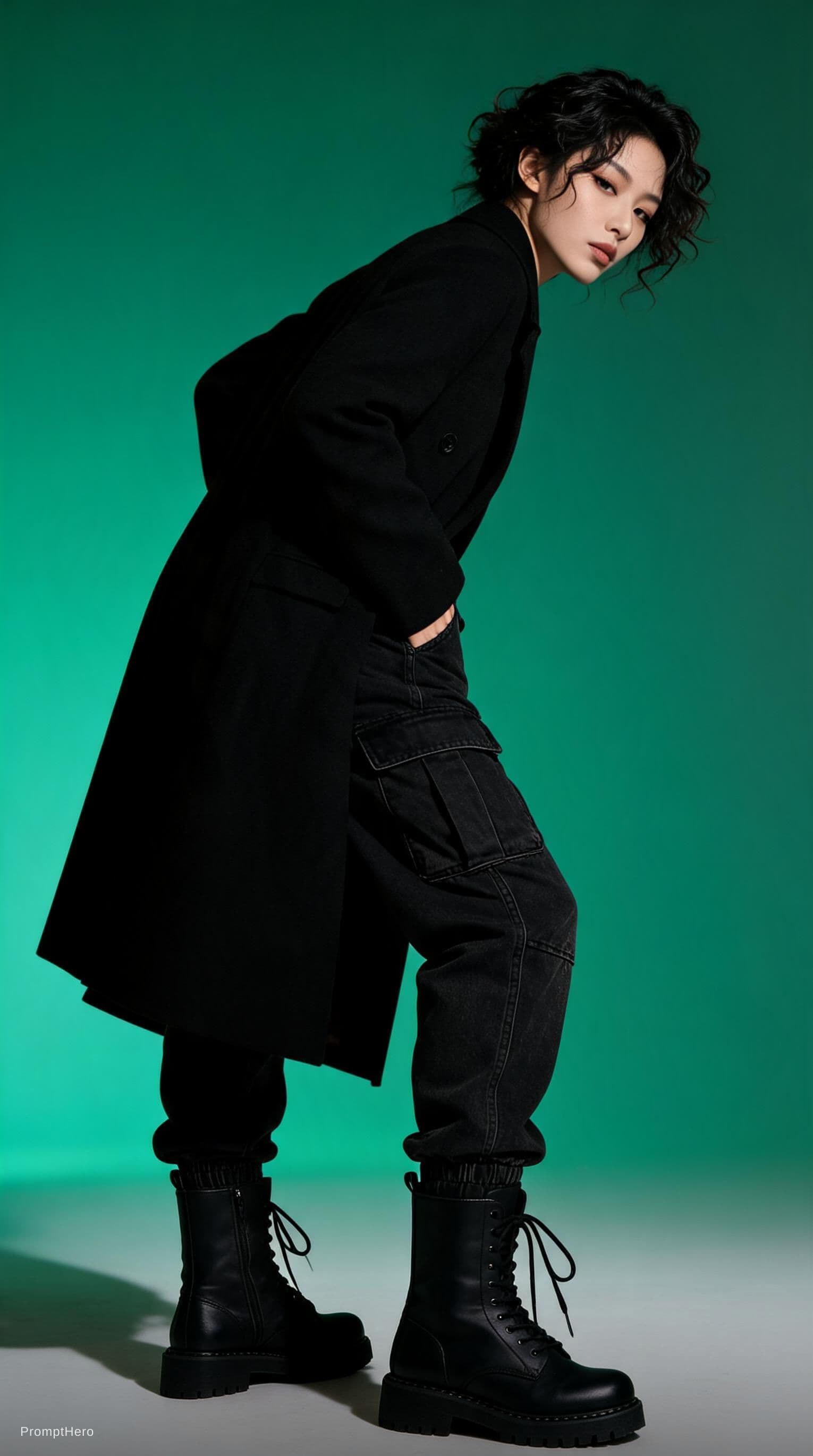 AI generated: photography, upper body, female model in dramatic side pose, leaning backwards at 15-degree angle, h...