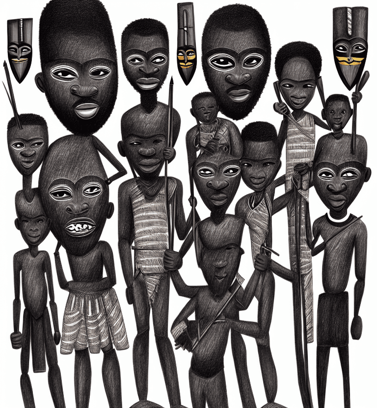 AI generated: African family with traditional masks, pencil drawing, very badly designed, drawing made by a madman...