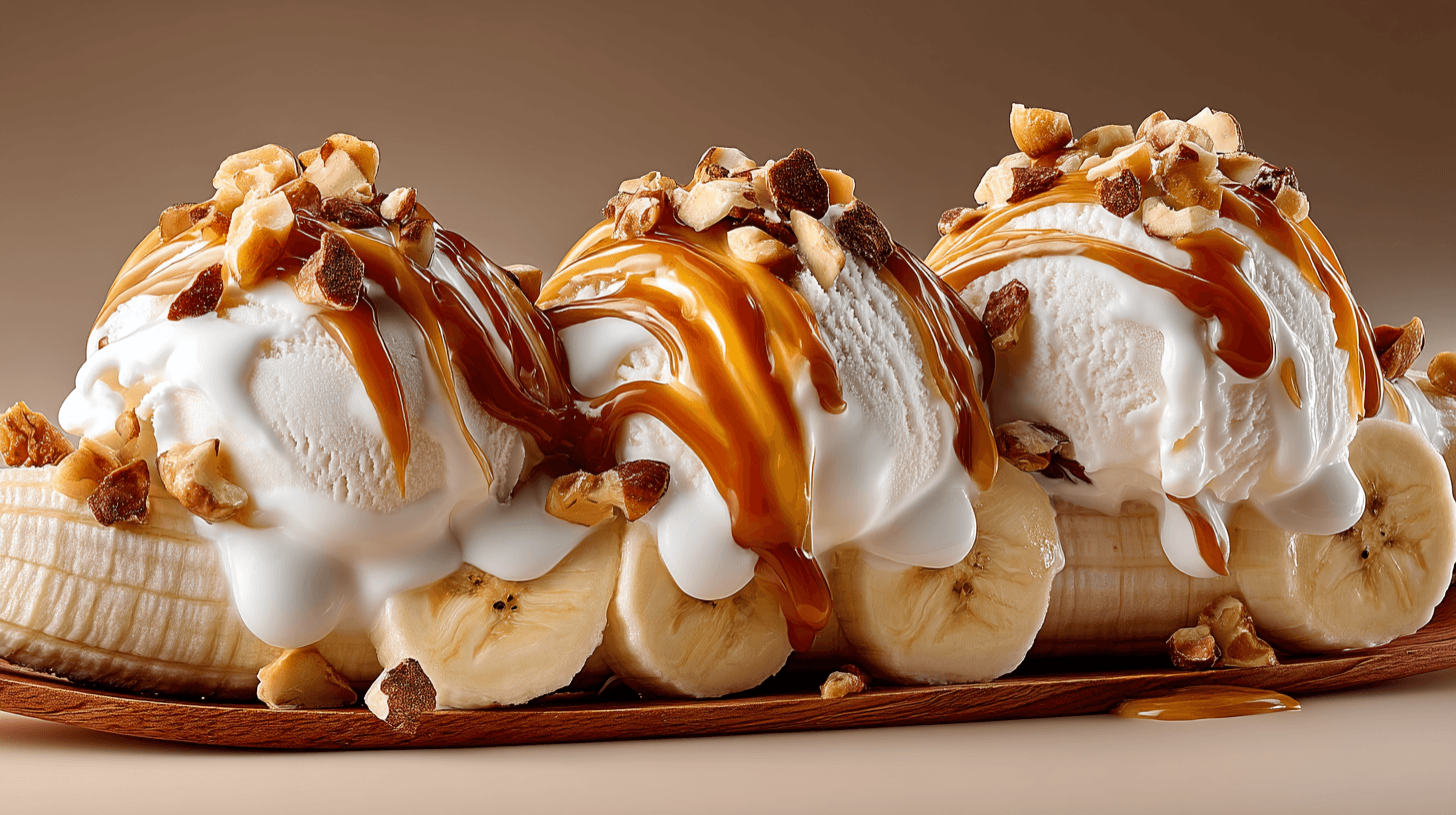 AI generated: Banana split dessert, close-up, three scoops of vanilla ice cream layered on sliced bananas, drizzle...