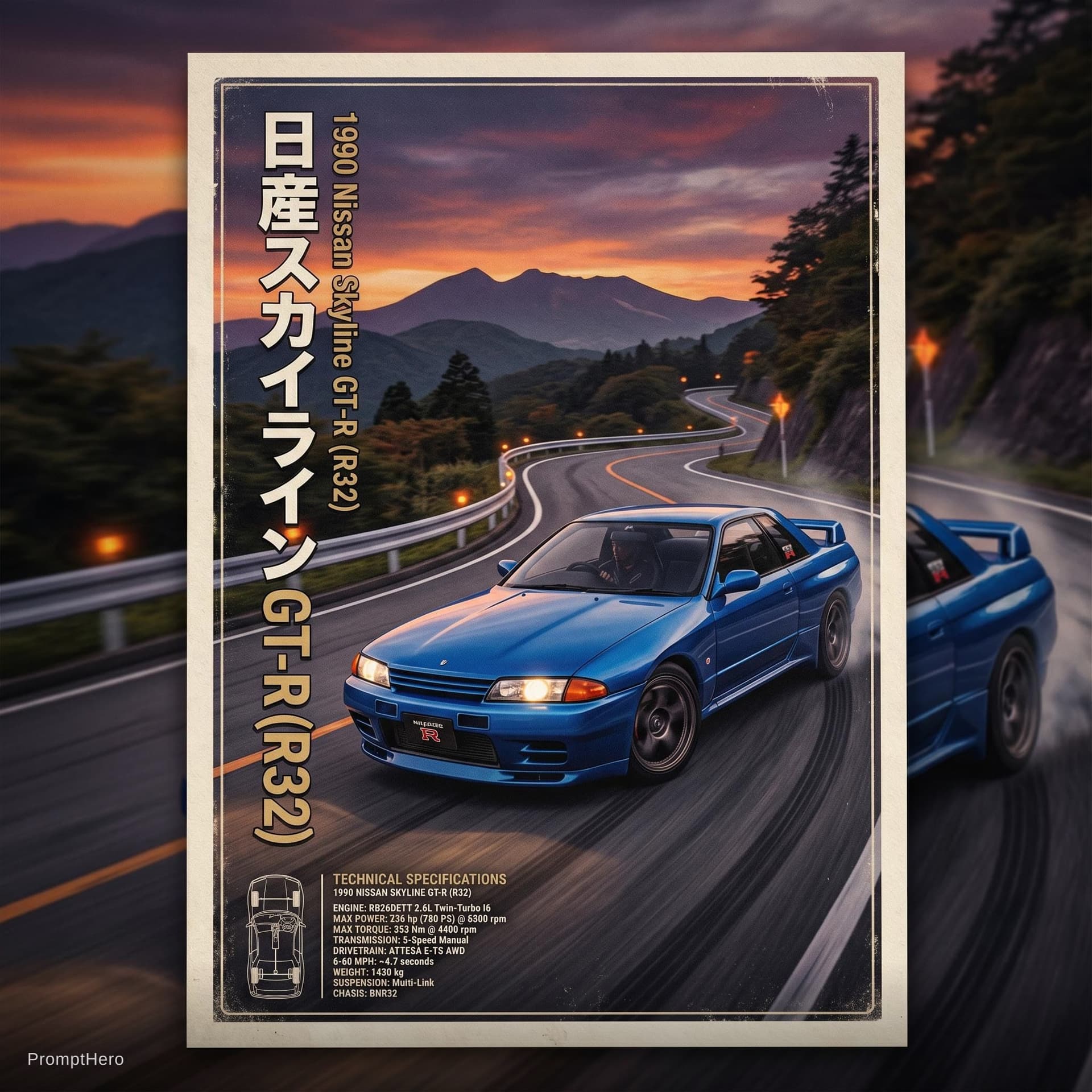 AI generated: Left side japnese name of car bottom left detail of car and printable poster
