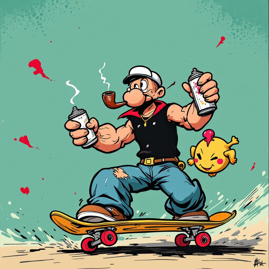 AI generated: vintage cartoon of popeye riding a skateboard while smvintage cartoon of popeye riding a skateboard ...