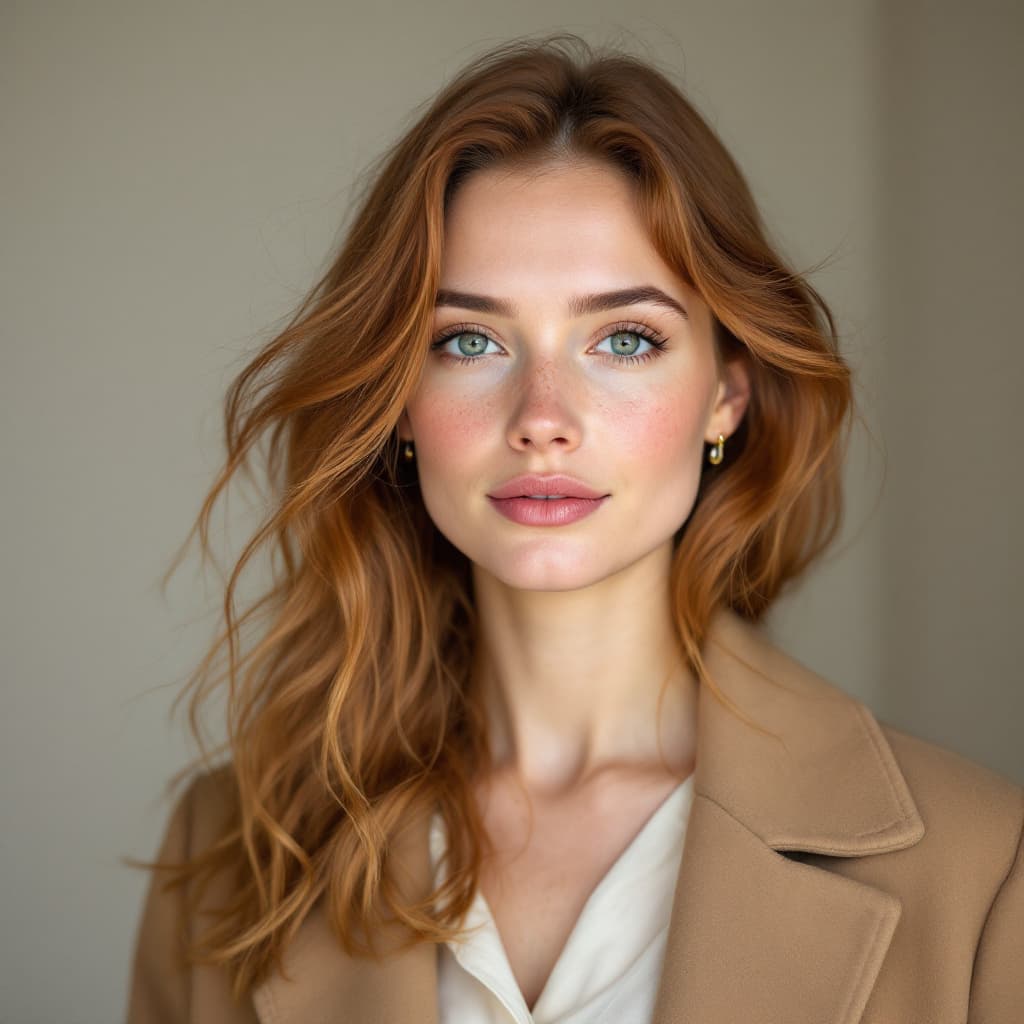 AI generated: A 27-year-old Irish woman with fair freckled skin and long natural copper waves, wearing a cream blo...